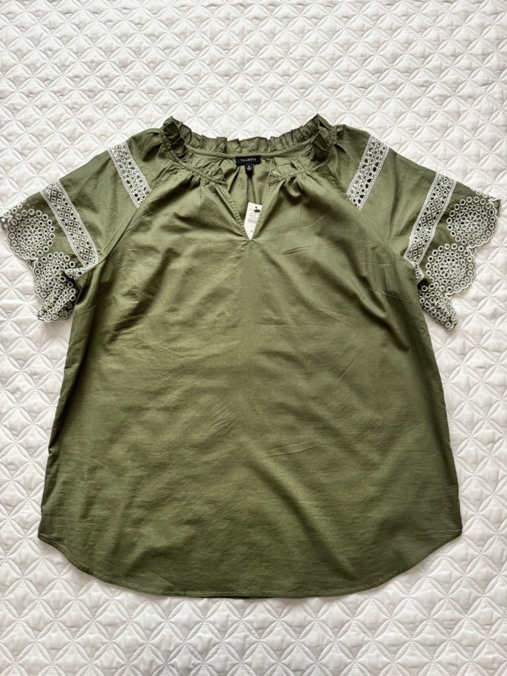NWT Talbots Olive Green Embroidered Eyelet Sleeve Ruffle Neck Blouse Size Medium - Picture 3 of 15